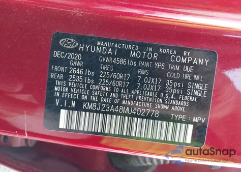 2021 Hyundai Tucson Se z USA, uszkodzony, nr VIN KM8J23A48MU402778